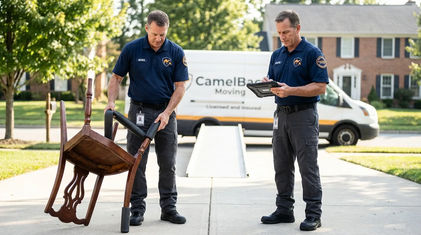 Movers inspecting furniture for damage prevention before loading in Cornelius, NC